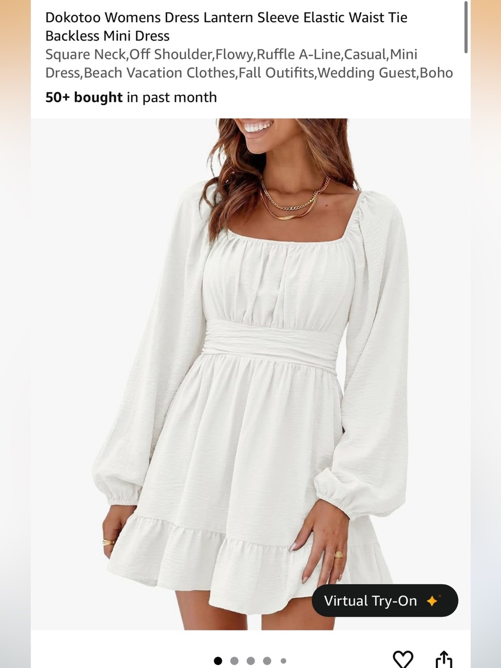 White Lantern Sleeve Elastic Waist Mini Dress from Amazon size small